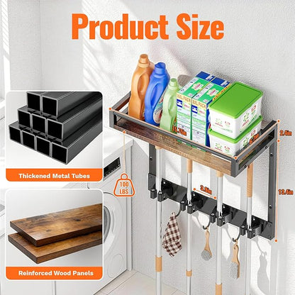 2 Packs Broom Holder Wall Mount with Shelf Load 66LBS Broom and Mop Organizer Wall Hanging Broom Hanger with 4 Mop Hanger Grippers, 3 Hooks for Laundry Room, Garage, Utility Closet, Kitchen