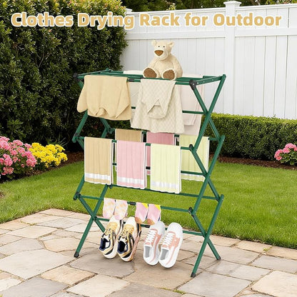 BAKON Foldable Space Saving Clothes Drying Rack, Extendable Rustproof Laundry Rack for Indoor Outdoor Dorm Room Apartments RV, Green