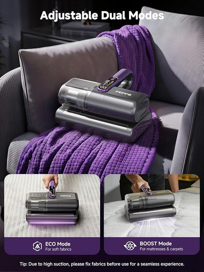 FEPPO Cordless Mattress Vacuum Cleaner, 18Kpa Bed Vacuum with 253.7nm UV-C Light, Ultrasonic, Dust Sensor & LED Display, 52800 BPM Handheld Vacuums for Bed, Sofa, Couch, Crib