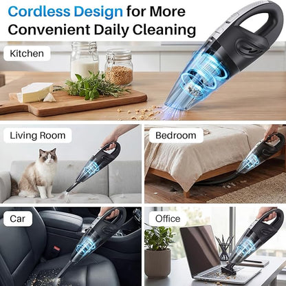 Handheld Cordless Car Vacuum Cleaner, 15000PA Powerful Suction Hand Held Cleaner Rechargeable, Portable Hand Vacuum with Multi-Nozzle, Washable Filter & Storage Case for Home, Office, Car, Pets