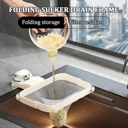 Foldable Kitchen Sink Strainer with Filter Mesh Bags, Food Waste Filter Basket, Suction Cup Folding Washing Vegetables and Fruits Drying Bag Holder (White)