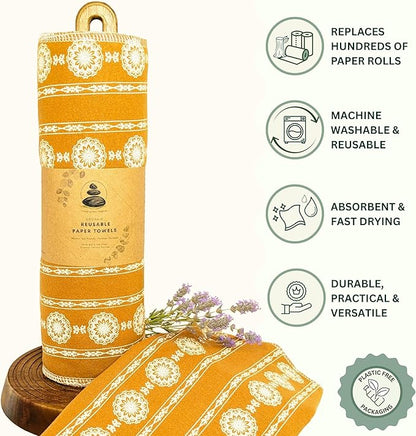 Reusable Paper Towels | 24-Pack Vintage French Country Lace in Gold Ochre | Organic Cotton Flannel | Paperless Towels with Wash Bag & Tube for Zero Waste Kitchen