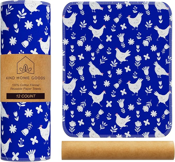 Reusable Paper Towels (12"x10”) - Soft Absorbent 100% Washable Paper Towels - Reusable Paper Towels Washable w/Cardboard Roll - Reusable Napkins (Chickens, 12x10inch)