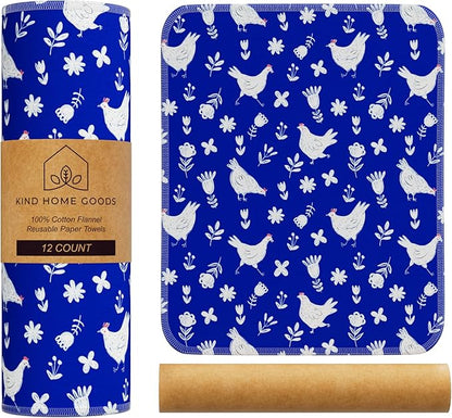Reusable Paper Towels (12"x10”) - Soft Absorbent 100% Washable Paper Towels - Reusable Paper Towels Washable w/Cardboard Roll - Reusable Napkins (Chickens, 12x10inch)