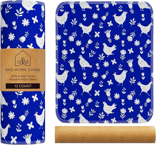 Reusable Paper Towels (12"x10”) - Soft Absorbent 100% Washable Paper Towels - Reusable Paper Towels Washable w/Cardboard Roll - Reusable Napkins (Chickens, 12x10inch)