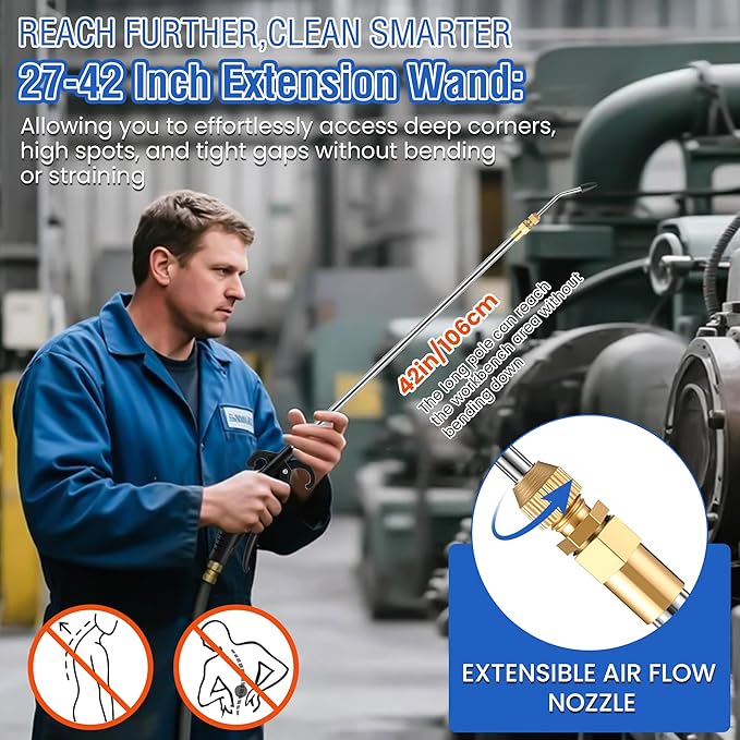 High Pressure Air Blow Gun, Extension Long Air Nozzle Blower Wand Fit 1/4" NPT Inlet & Lever Grip, Heavy Duty Industrial Blow Gun Pneumatic Tool for Radiator Compressor Attachment(2 Pcs,27-42 Inch)