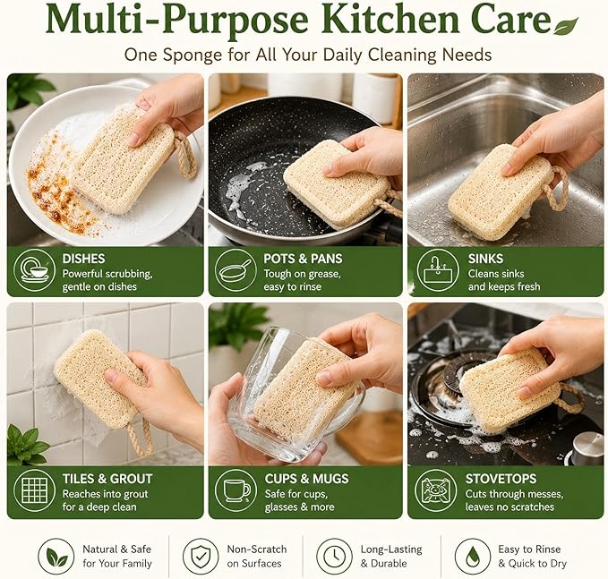 Natural Loofah Dish Scrubber Sponges, 6 Pack Large Plant-Based Kitchen Cleaning Pads, Compostable Non-Scratch Scouring Sponge for Dishes, Sink, Grout and Tile, 4.4 x 2.8 in