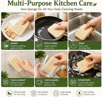 Natural Loofah Dish Scrubber Sponges, 6 Pack Large Plant-Based Kitchen Cleaning Pads, Compostable Non-Scratch Scouring Sponge for Dishes, Sink, Grout and Tile, 4.4 x 2.8 in