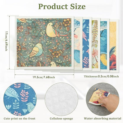 12Pcs Swedish Dishcloths for Kitchen, Quick-Drying Reusable Paper Towels, Absorbent Washable Kitchen Dish Rags, Soft Cellulose Sponge Cloths for Countertop Sink Flower Bird (12pcs Birds)
