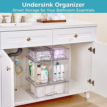 Vtopmart 6 Pack Clear Stackable Storage Drawers,Easy to Assemble Baby Bottle with handles,Plastic Drawers for Kitchen Pantry,Cabinet,Under Sink Organization