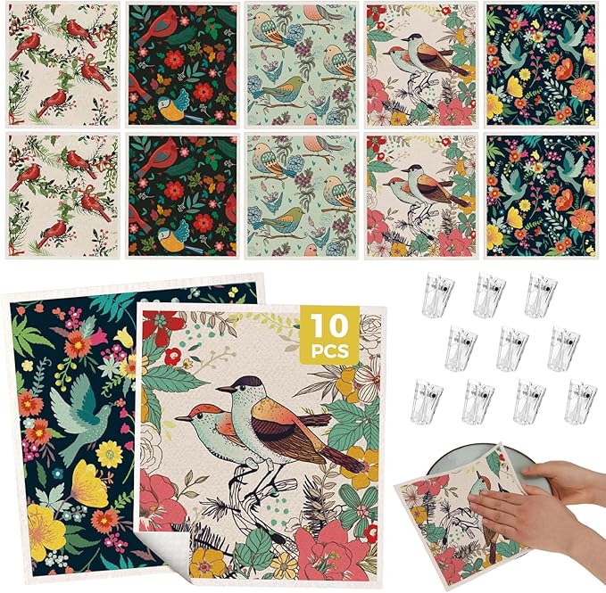 wlich 10PCS Swedish Dishcloths for Kitchen, Reusable Dish Rags for Washing Dishes with Clips, Non-Scratch Kitchen Towels and Dishcloths Sets, Washable Swedish Dish Cloths, No Odor(Birds Flowers)