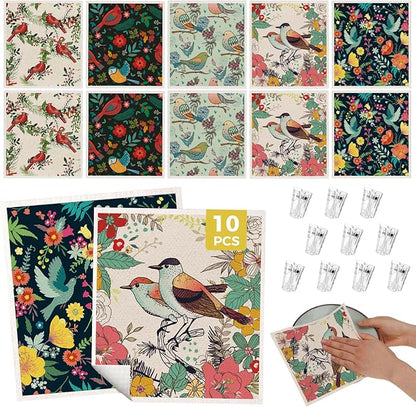 wlich 10PCS Swedish Dishcloths for Kitchen, Reusable Dish Rags for Washing Dishes with Clips, Non-Scratch Kitchen Towels and Dishcloths Sets, Washable Swedish Dish Cloths, No Odor(Birds Flowers)