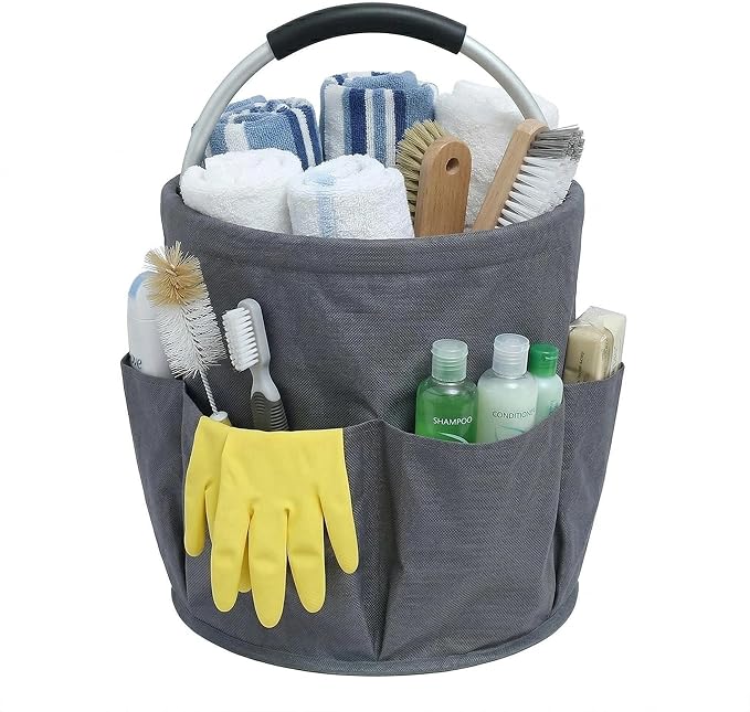 Cleaning Bucket, Cleaning caddy with Handle,17L Foldable Storage Basket 600D Oxford Fabric, 6 Pockets Portable Multi-Use Organiser for Home, Garden, Camping,Grey