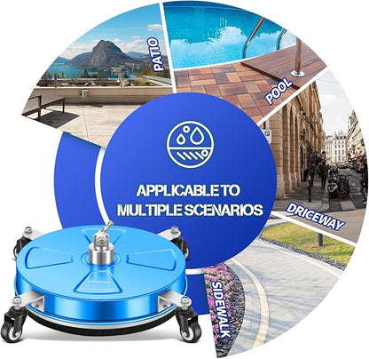 LidoDola 16'' Pressure Washer Surface Cleaner with 4 Wheels - Stainless Steel Surface Cleaner for Pressure Washer Attachment for Concrete, Driveway, Patio, Sidewalk, Deck and Driveways (16 INCH Blue)