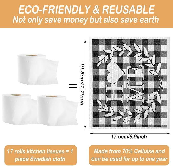 Funtery 6 Pcs Swedish Farmhouse Dishcloths Kitchen Black and White Buffalo Plaid Multipurpose Cellulose Sponge Cloths Love Family Together Home Reusable Towels for Kitchen Bathroom Cleaning Counters