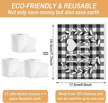 Funtery 6 Pcs Swedish Farmhouse Dishcloths Kitchen Black and White Buffalo Plaid Multipurpose Cellulose Sponge Cloths Love Family Together Home Reusable Towels for Kitchen Bathroom Cleaning Counters