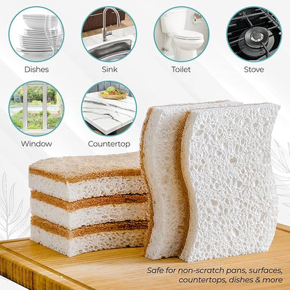 Plant Based Natural Sponge - Pack of 12 Cellulose Sponges, Safe on Non-Stick Cookware, Dual Sided Dish Sponge for Washing Dishes, Kitchen and Household