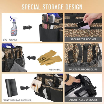 SCAVATA Wearable Cleaning Caddy, Cleaning Caddy Supplies Organizer with Handle & Shoulder Straps for Housekeepers, Under Sink & Car Cleaning Tool Organizers Bag with 4 Foldable Divider (Leopard)