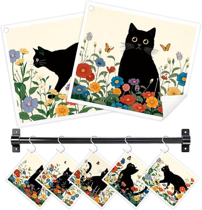 Black Cat Floral Flower Swedish Dishcloths for Kitchen, 5 Pack Reusable Paper Towels with 3 Hooks, Washable Dish Cloth Set, Absorbent Cleaning Cloth for Washing Housewarming Gifts for Friend