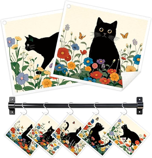 Black Cat Floral Flower Swedish Dishcloths for Kitchen, 5 Pack Reusable Paper Towels with 3 Hooks, Washable Dish Cloth Set, Absorbent Cleaning Cloth for Washing Housewarming Gifts for Friend