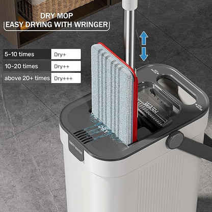 HoMettler Mop and Bucket Set, 3-Tank Flat Mop and Bucket System for Separate Dirty & Clean Water, 65" Mops for Floor Cleaning with 6 Washable Pads, Safe for Hardwood, Vinyl, Tile, Baseboards, Walls