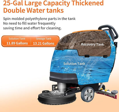 N3 20" Walk-Behind Floor Scrubber - Complete Kit with 3 Brushes & 4 Rubber Lips Sets, Replaceable Consumables, 31" Squeegee, 11-Gallon Solution Tank, 190 RPM, User-Friendly