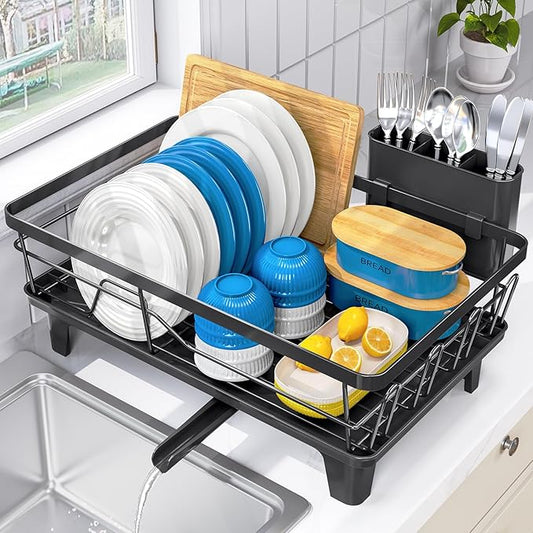 Urackify Dish Drying Rack for Kitchen Counter, Sink Dish Rack with Drainboard 12.2" W x 16.5" L, Large Dish Drainer with Cutlery Holder, Home Countertop Plate Dryer Storage Rack, Black