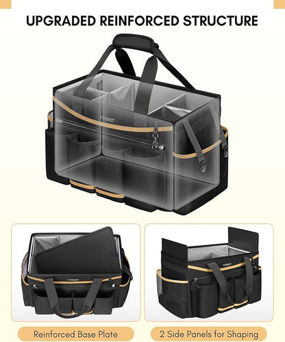 Ytonet Cleaning Caddy Bag with Detachable Apron, Extra Large Cleaning Supplies Organizer with Foldable Dividers, Portable Cleaner Tote with Handle, Cleaner Caddy for Housekeeper, Black