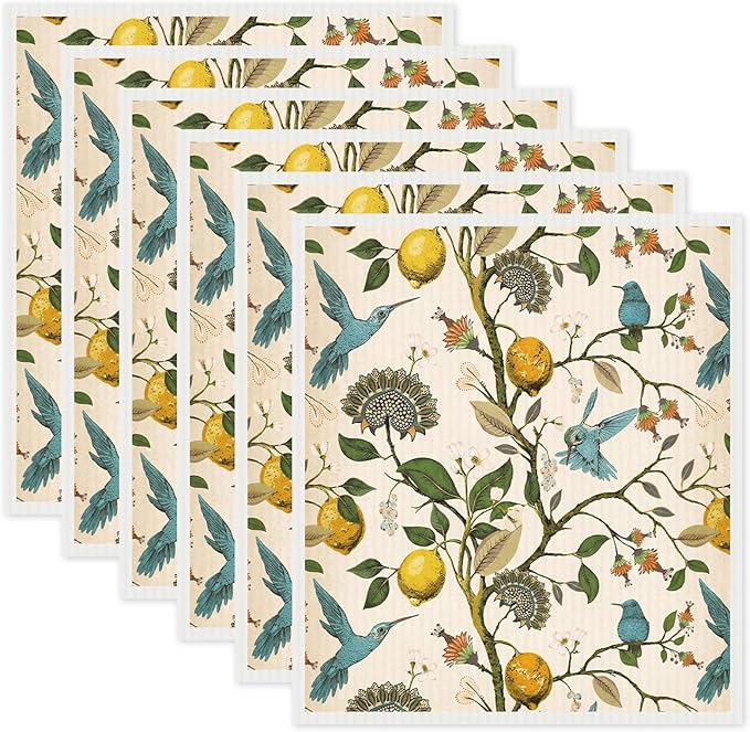 Sliner Swedish Lemon Birds Dishcloths for Kitchen Dish Towels 6 Pack Reusable, Machine Washable Non-Scratch Reusable Paper Towels Absorbent Washable Dish Cloths