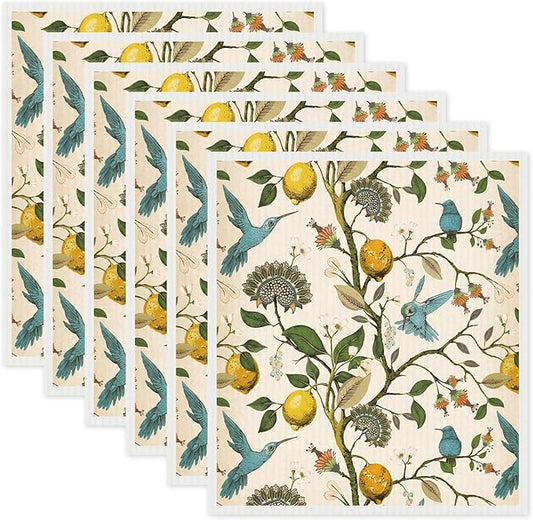 Sliner Swedish Lemon Birds Dishcloths for Kitchen Dish Towels 6 Pack Reusable, Machine Washable Non-Scratch Reusable Paper Towels Absorbent Washable Dish Cloths