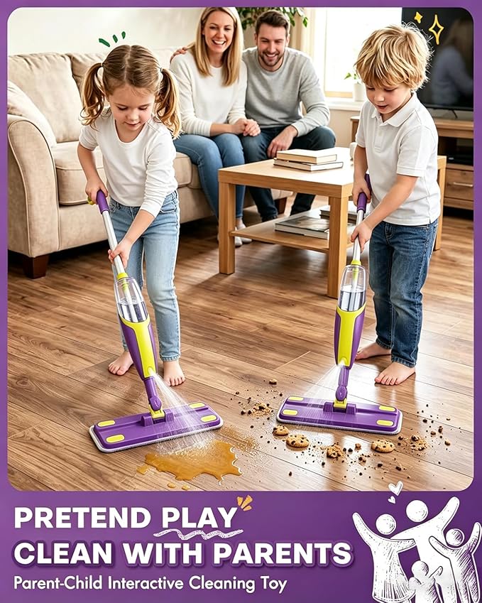 Kids Spray Mop Toddler Cleaning Set with Realistic Spray Bottle, 2 Washable Pads and Scraper, Pretend Play Housekeeping Toy for Boys Girls Age 1-3
