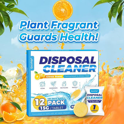 Garbage Disposal Cleaner Tablets - 12 Pack, XXL Foaming Disposal Cleaner - Powerful Deep Cleaning & Grease Remover, Septic Safe Kitchen Sink Drain Care for Maintenance