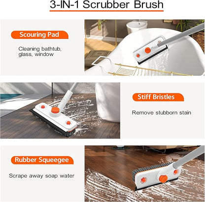 Floor Scrub Brush with Long Handle, 3 in 1 Extendable Stiff Bristle Scrape Brush, 60-In Shower Scrubber Brush with Squeegee and 2 Replacement Heads for Cleaning Bathroom Kitchen Deck Tub Tile