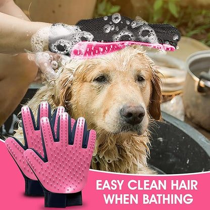 Upgrade Pet Grooming Gloves, Grooming Gloves for Dogs, Cats, Rabbits & Horses with Long and Short Hair, Efficient Pets Hair Remover Mittens - 1 Pair (Pink)