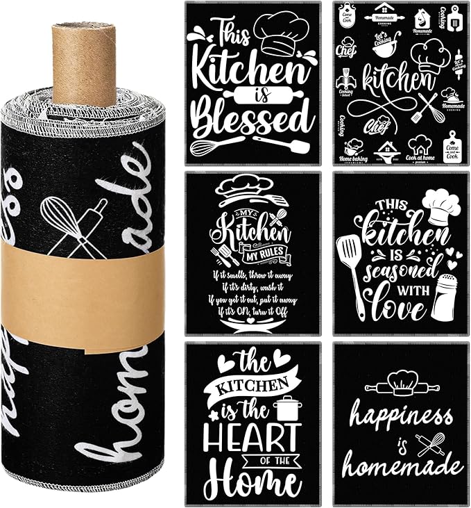 Mindsoft 36 Pcs Farmhouse Kitchen Homemade Reusable Paper Towels Rolls Washable Bulk Spring Kitchenware Black White Towels Paperless Reusable Cloth Cotton Napkins with Cardboard for Kitchen Bathroom