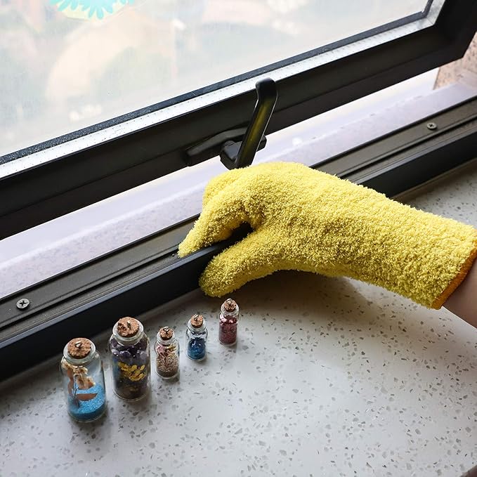 Patelai 2 Pairs Microfiber Gloves for plants Dusting Cleaning Glove Mittens House Cars Blinds Dusting(Yellow, Dark Blue,Large)