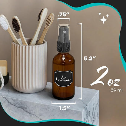 Nevlers Small Spray Bottle 2 Oz 48 Pack | Amber Glass Spray Bottles for Cleaning, Oils, Perfume Alcohol & More | Mist Bottle Set w/Shrink Wrap, Funnel, Brush, Labels & Marker | Small Glass Bottles