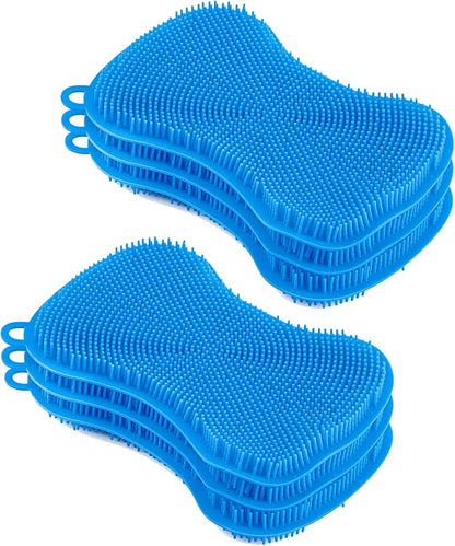 Silicone Heat Resistant Dishwasher Sponge, Fruit Cleaner, Vegetable Washer, Non Scratch Durable Bristles, Blue 3-Pack (6)