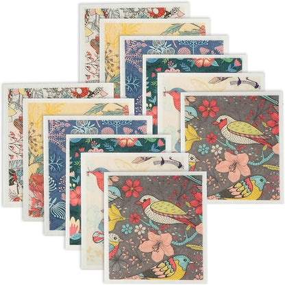 12Pcs Swedish Dishcloths for Kitchen, Quick-Drying Reusable Paper Towels, Absorbent Washable Kitchen Dish Rags, Soft Cellulose Sponge Cloths for Countertop Sink Flower Bird (12pcs Colorful Birds)