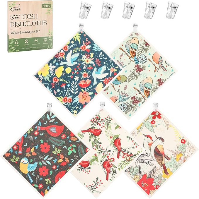 wlich 5PCS Swedish Dishcloths for Kitchen, Reusable Dish Rags for Washing Dishes with Clips, Non-Scratch Kitchen Towels and Dishcloths Sets, Washable Swedish Dish Cloths, No Odor(Birds Flowers)