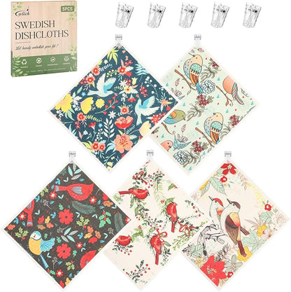 wlich 5PCS Swedish Dishcloths for Kitchen, Reusable Dish Rags for Washing Dishes with Clips, Non-Scratch Kitchen Towels and Dishcloths Sets, Washable Swedish Dish Cloths, No Odor(Birds Flowers)