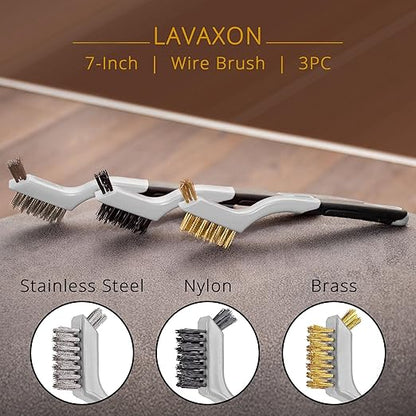 Lavaxon Wire Brush Set 3Pcs - Nylon/Brass/Stainless Steel Bristles with Curved Handle Grip for Rust, Dirt & Paint Scrubbing with Deep Cleaning – 7 Inches (Grey)