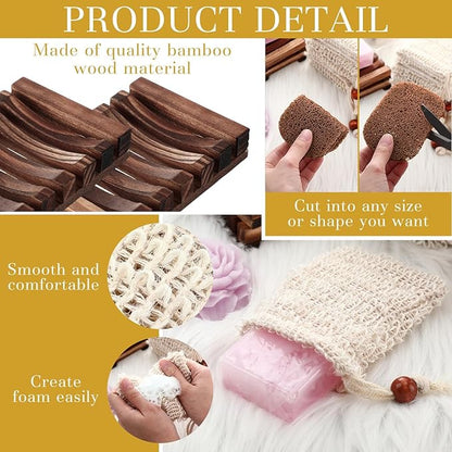 Baderke 36 Pcs Soap Saver Set for Packaging Gift Including Wooden Dish Holder Exfoliating Bag with Drawstring Soap Pads for Mother's Day Bar Wedding Baby Shower Homemade Gift(Brown Color)