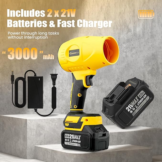 SakerPlus Portable Dust Cleaner, Cordless Leaf Blower with 2 Batteries, 21V 4.0Ah Electric Handheld Blower, 3-Speed Adjustable,Mini Lightweight Leaf Blower for Yard, Patio, Garage, Car (Yellow)