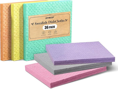JOYMOOP Swedish Dishcloths, Cellulose Cotton, Multicolor, 8x7 Inches, 36 Count, Diamond Pattern, Super Absorbent Odor Resistant Lint Free Scratch Free Quick Dry