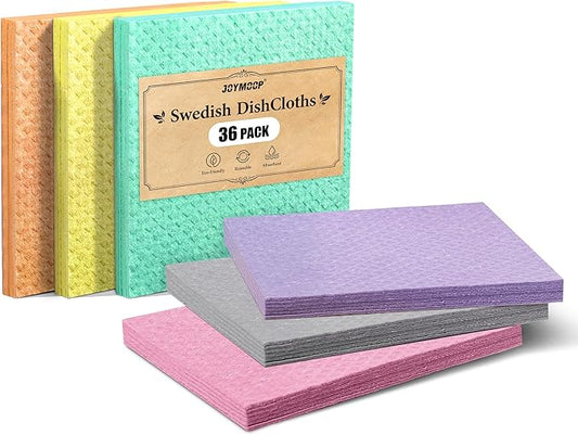 JOYMOOP Swedish Dishcloths, Cellulose Cotton, Multicolor, 8x7 Inches, 36 Count, Diamond Pattern, Super Absorbent Odor Resistant Lint Free Scratch Free Quick Dry