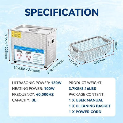 VUA 3L Ultrasonic Cleaner with Digital Timer & Heater, Professional Ultra Sonic Cleaner, Ultrasonic Parts Cleaner for Glasses Watch Denture Dental Irrigator Ring Jewelry Tools Circuit Board