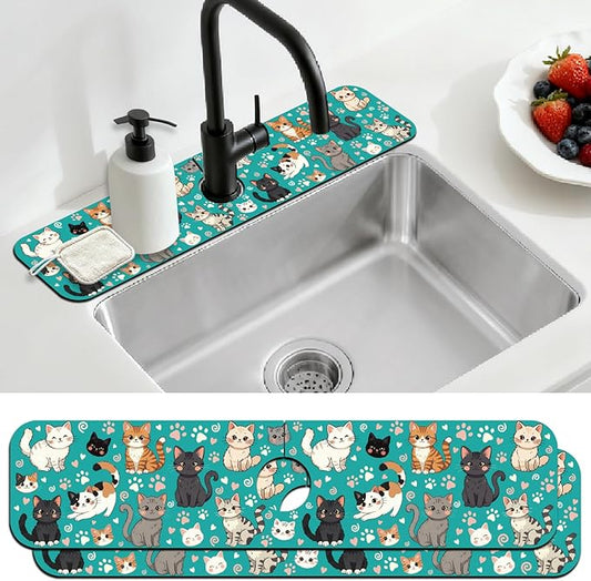 2 Pcs Kitchen Sink Splash Guard Faucet Mat Various Cats Pattern Faucet Mat for Sinks Paw Prints Absorbing Drying Mats for Kitchen Bathroom, 23.6x5.5inch