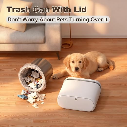 Spreezy Bathroom Trash Can with Lid, 2.3 Gallon/8.6 L Small Trash Can, Pneumatic Adhesion Style Garbage Can for Kitchen, Bedroom, Living Room, Office, Trash Bin Includes 5 Rolls of Trash Bags