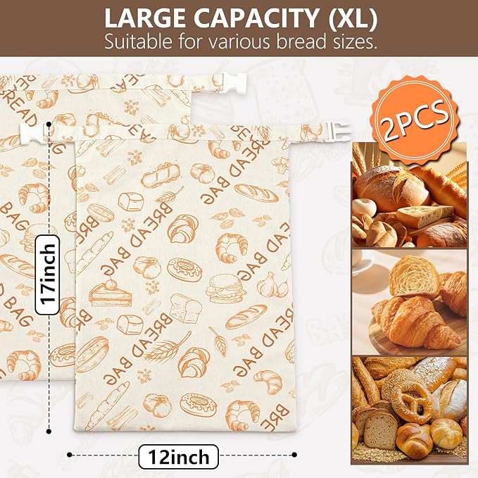 Reusable Beeswax Bread Bags(2 Pack), Beeswax Bags for Sourdough/Homemade Bread, Natural Cotton Bees Wax Bag, Fresh and Refrigerable, New Upgrade Food Storage Bag, Large Capacity and Portable